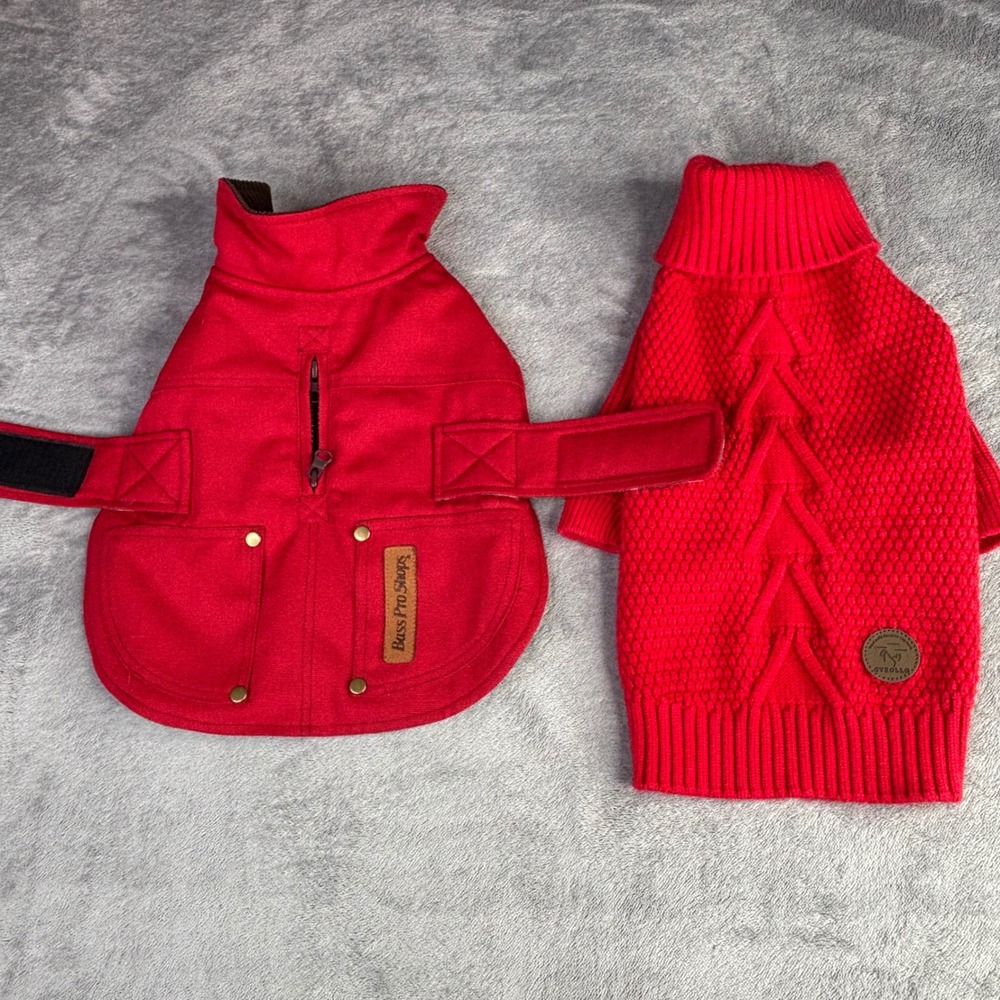 Bass Pro Shops Dog Jacket & Cybollo Sweater Set Red Small Plaid Lined 2pc